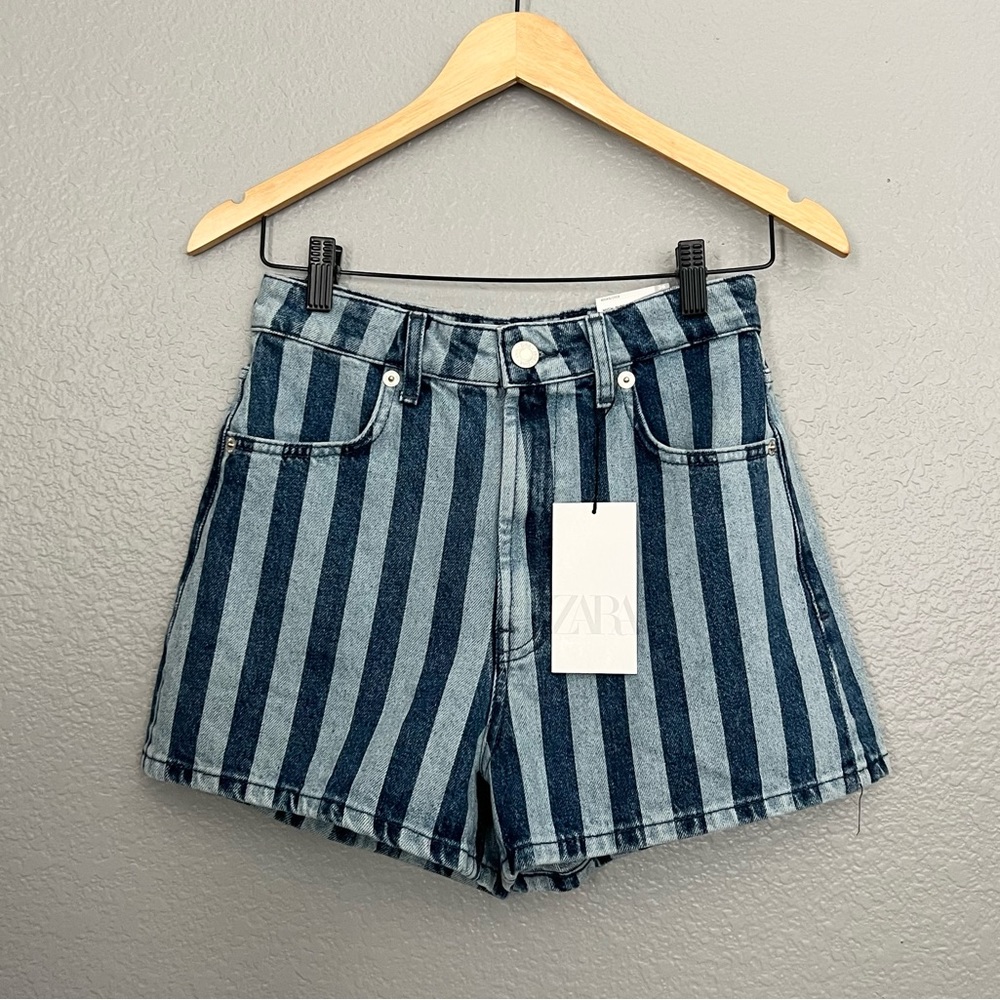 Zara High Rise Striped Denim Shorts